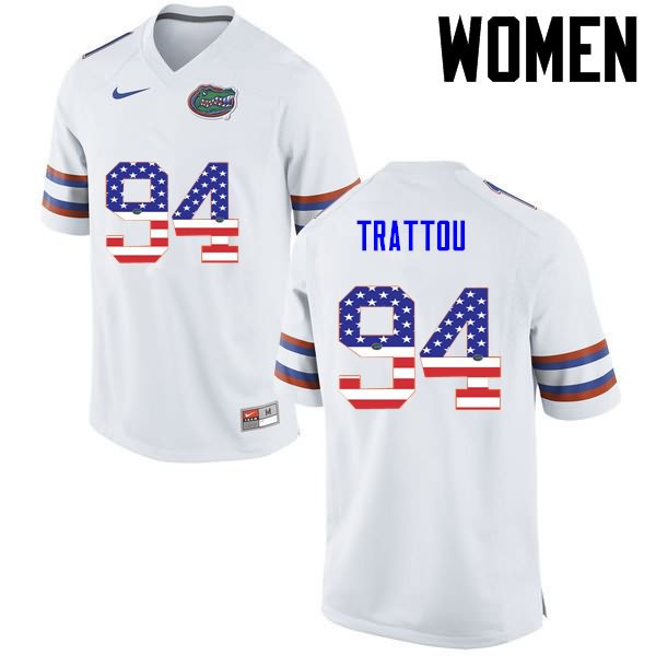 Women's NCAA Florida Gators Justin Trattou #94 Stitched Authentic USA Flag Fashion Nike White College Football Jersey JHD4865MH